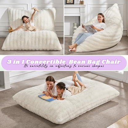 Hobestluk 3 in 1 Bean Bag Chair Giant Bean Bag Chairs for Adults with Ripple Cover Convertible Bean Bag Floor Cushion with Machine Washable Cover for Living Room (Ripple White) - color: Rice White