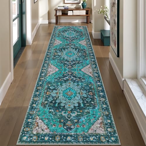 Ciicool Washable Vintage Runner Rug 2' x 8' ft Hallway, Boho Low Pile Long Non Slip Soft Kitchen Carpet Indoor Oriental Throw Rug - color: Teal/Multi, size: 2' x 8' (Runner)