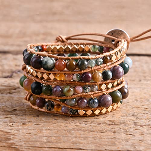 YGLINE Natural Stone Wrap Bracelet for Women Boho Bracelets Healing Crystal Beaded Bracelet Adjustable 3/5 Wraps Bracelet Handmade Birthday Gifts for Women - color: Agate-3w