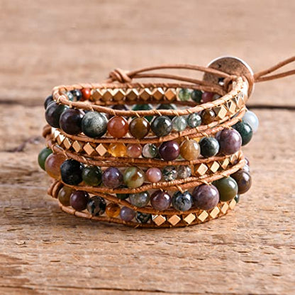 YGLINE Natural Stone Wrap Bracelet for Women Boho Bracelets Healing Crystal Beaded Bracelet Adjustable 3/5 Wraps Bracelet Handmade Birthday Gifts for Women - color: Agate-3w