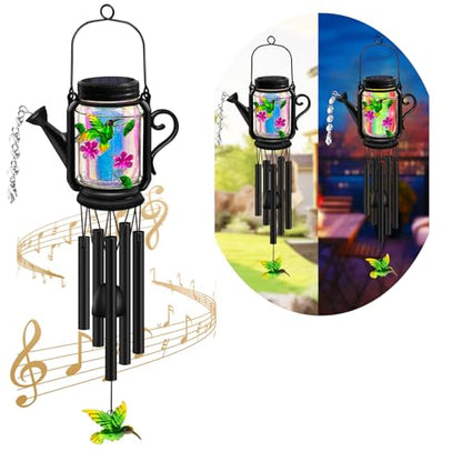 Solar Hummingbird Wind Chimes for Outside - Gifts for Mom Women Grandma,Solar Mason Jar Watering Can Hummingbird Light Unique Hanging Wind Chimes Outdoor,Yard Garden Terrace Courtyard - size: 1 pack-Hummingbird jar wind chime