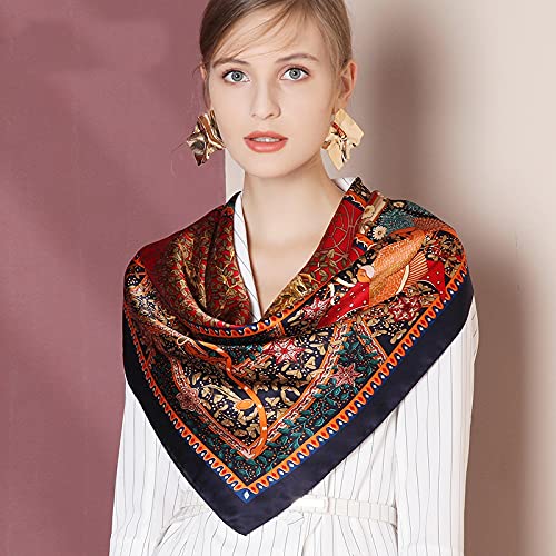 ANDANTINO 100% Silk Scarf 43" Large Square Lightweight Headscarf& Shawl–Women Hair Wraps-With Gift Packed - color: Navy Plant World