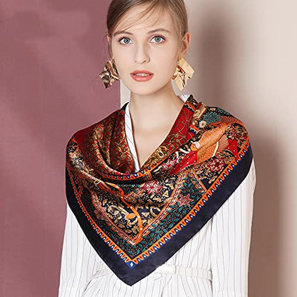 ANDANTINO 100% Silk Scarf 43" Large Square Lightweight Headscarf& Shawl–Women Hair Wraps-With Gift Packed - color: Navy Plant World