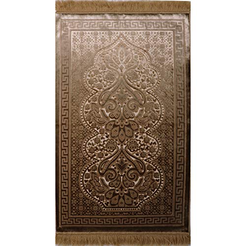 Modefa Luxury Velvet Prayer Rug with Prayer Beads | Soft Elegant Muslim Turkish Janamaz Sajada Carpet for Men and Women | Plain Solid Prayer Mat Ramadan Eid Gift - Paisley (Golden Beige) - color: Golden Beige