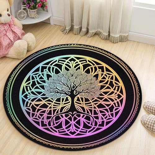 Chakra Round Area Rug, Non-Slip Meditation & Yoga Carpet for Living Room, Meditation Round Area Rugs, Modern Circular Bedroom Rug B01