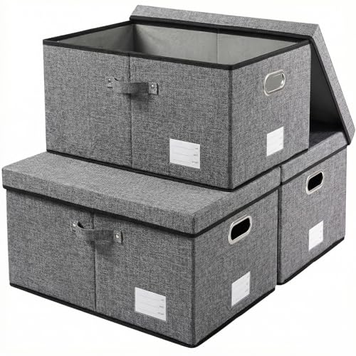 PRANDOM Storage Bins with Lids [3-Pack] Linen Fabric Foldable Storage Boxes Organizer Containers Baskets Cube with Cover for Bedroom Closet Office Grey(23.4X15.9X11.4) - color: Gray, size: XL(3-Pack)