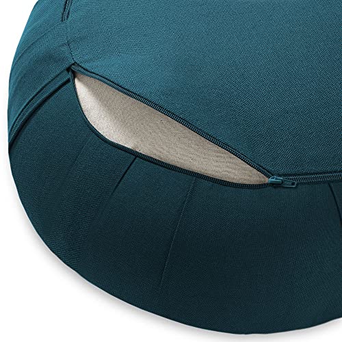 Zafu Meditation Cushion, 15" Round Buckwheat Yoga Pillow with Organic Cotton Cover - Teal