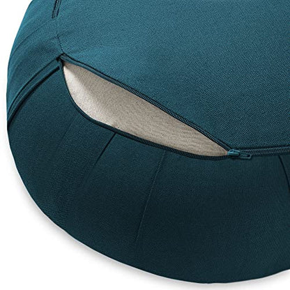 Zafu Meditation Cushion, 15" Round Buckwheat Yoga Pillow with Organic Cotton Cover - Teal