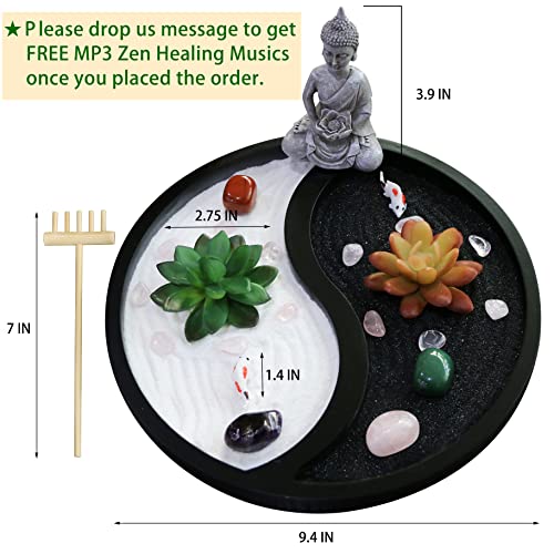BangBangDa Buddha Meditation Zen Garden Kit - Home Office Tabletop Taiji Yin Yang Sand Garden Altar Zen Decor Zen Gifts DIY Mini Chakra Crystal Quartz Rock Garden w/Nature Healing Stone Rake Tool