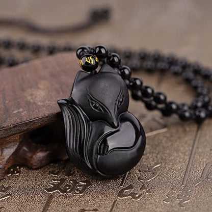 Black Obsidian Necklace Natural Crystal Amulet Protection Pendant with Adjustable Rope Lucky Talisman Necklaces Jewelry Gift for Men Women - color: Fox