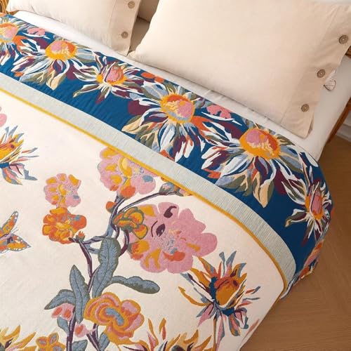 Boho Throw Blanket - 100% Cotton Soft Throw Blanket for Bed, 90"x90" Reversible Breathable Lightweight Summer Blankets, All Seasons Farmhouse Decor Floral Plant Butterfly Throw Quilt