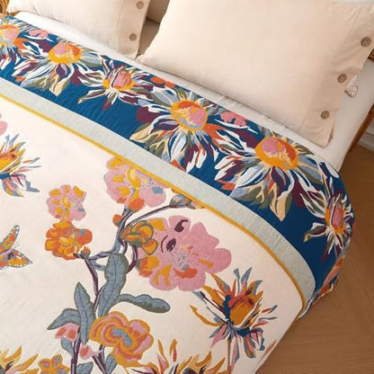 Boho Throw Blanket - 100% Cotton Soft Throw Blanket for Bed, 90"x90" Reversible Breathable Lightweight Summer Blankets, All Seasons Farmhouse Decor Floral Plant Butterfly Throw Quilt