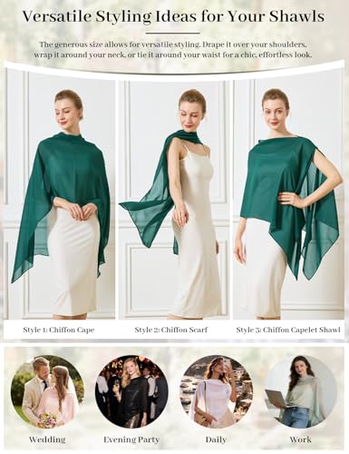 Chiffon Cape Shawl Wrap Scarf 3 Ways to Wear Elegant Sheer Capelet for Evening Dresses Weddings Parties - color: Emerald Green