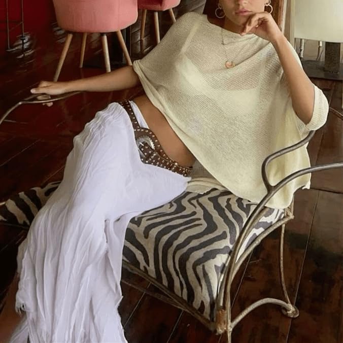 Women Sheer Poncho Top Knit Crochet Lightweight See Through Shawl Summer Shrug Beach Cover Up - color: A1 Light Yellow