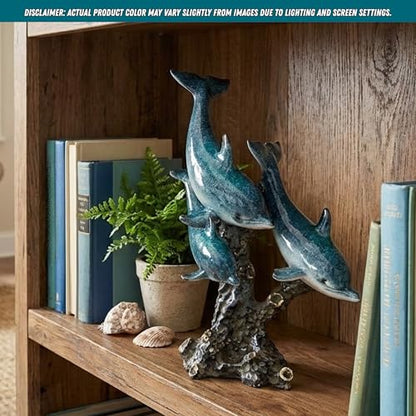 Dolphin Statue - Triple Dolphins Swimming Figurine Coastal Home Decor Tabletop Collection (Aqua) - color: Aqua