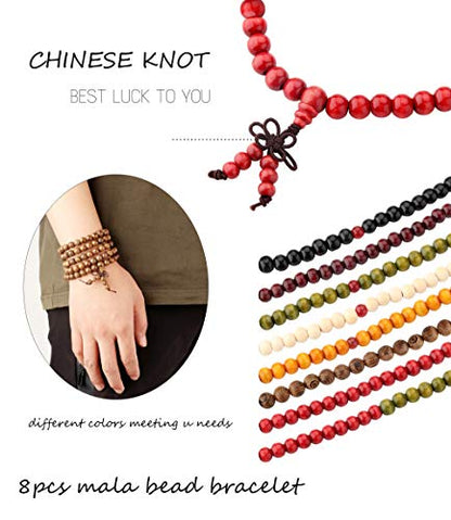 LOYALLOOK 8Pcs 108 Mala Bead Bracelets 8MM Tibetan Buddha Wood Beaded Sandalwood Link Wrist Necklace Chain Bracelets Multilayer Buddhist Prayer Strand Bracelet Meditation Necklace Elastic Chinese Knot