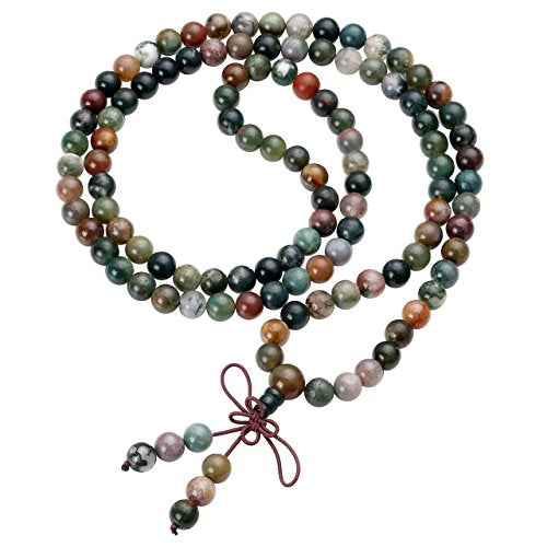 Jovivi 108 Mala Beads Bracelet 6mm 8mm Natural Indian Agate/Green Moss Agate Gemstone Healing Crystal Stone Beaded Bracelet Hand Knotted Prayer Mala Beads Necklace for Yoga Meditation Balance - color: 8mm - Indian Agate