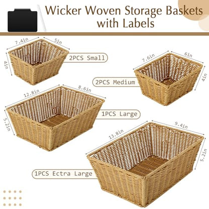 6 Pcs Wicker Storage Baskets with Labels Handwoven Multi-size Natural Wicker Storage Bins for Organizing Small Baskets Container for Shelves Closet Pantry Toilet(Natural)
