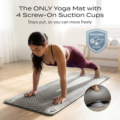PT Pro Suction Cup Yoga Mat – 24x72 Non-Slip Exercise Mat with 4 Screw-On Suction Cups, 1/2in Thick Cushioned Workout Mat with Carry Strap for Tile, Laminate & Concrete – (Patent Pending) - color: Gray