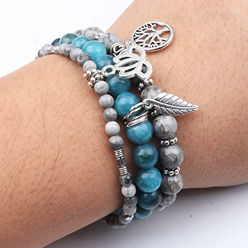 Tree of Life Yoga Healing Stone Bracelets,Multilayer Lotus Chakra Stone Reiki Bracelet Sets,Anxiety Crystal Natural Stone,for Women Stress Relief - style: Grey Map Jasper+apatite