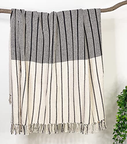 Black and Ivory Oslo Throw with Fringes, 50 x 60 Inch, Perfect Scandinavian Throw Blanket for Couch, Bed, Camping, Beach & Everyday use - color: Ivory-black