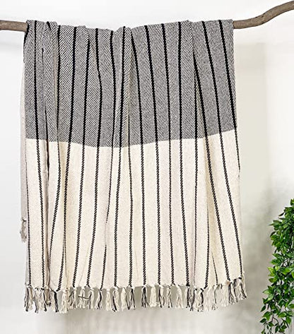 Black and Ivory Oslo Throw with Fringes, 50 x 60 Inch, Perfect Scandinavian Throw Blanket for Couch, Bed, Camping, Beach & Everyday use - color: Ivory-black