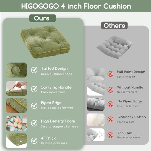 HIGOGOGO Large Floor Pillow Cushion for Adults, Meditation Cushion Pillow with Handle, Lustrous Chenille Tufted, Square Floor Sitting for Tatami Living Room or Yoga, 22x22 Inch, Green