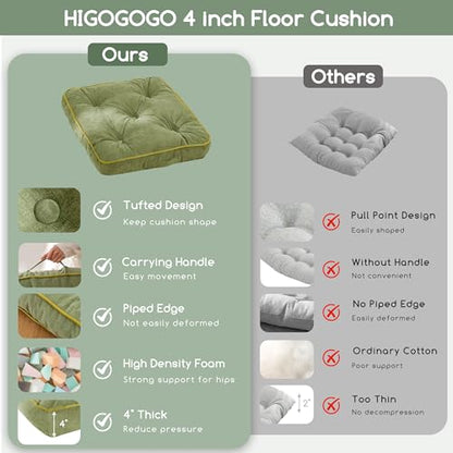 HIGOGOGO Large Floor Pillow Cushion for Adults, Meditation Cushion Pillow with Handle, Lustrous Chenille Tufted, Square Floor Sitting for Tatami Living Room or Yoga, 22x22 Inch, Green