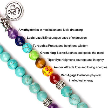 108 Mala Beads Necklace 7 Chakra Tree of Life Pendant Prayer Buddha Bracelets Healing Stone Yoga Men Women Jewelry - color: Rosary Prayer turquoise