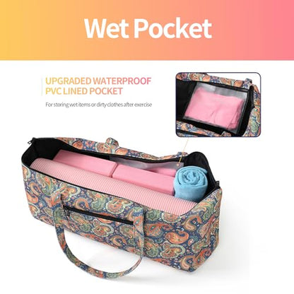| Yoga Mat Bag | Large Yoga Mat Carrier with Wet Pocket | Yoga Gifts | Gym Tote Bag for Women - color: Tote-Orange Cashew Flower