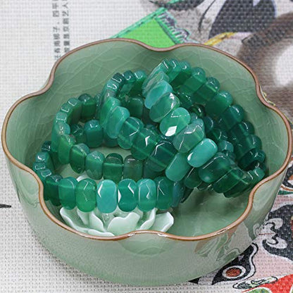 Keleny Semi Precious Stones 14mm Faceted Oval Beads Crystal Rock Elastic Bangle 7.5 Inch - color: Dyed Green Agate