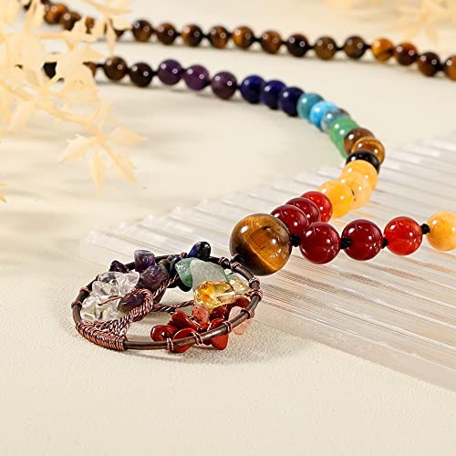 Bivei 108 Mala Beads Necklace Life Tree 7 Chakra Wrap Bracelet Real Healing Gemstone Yoga Meditation Hand Knotted Mala Prayer Bead Necklace - color: Tiger Eye Stone, size: 8mm