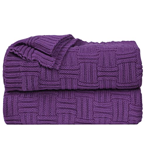 uxcell 100% Cotton Cable Knit Throw Blanket,Soft Lightweight Lap Blanket,Textured Solid Sofa Throw Couch Cover Decors Knitted Blankets, Grape 50"x 60" - color: Grape