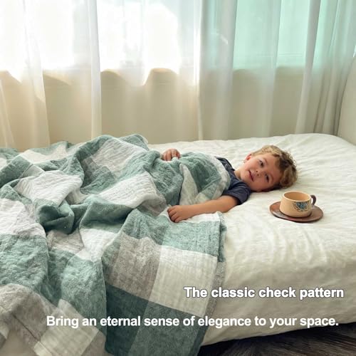 Cotton Throw Blanket, 60x80 Queen Size Lightweight Plaid Checkered, Soft 4-Layer Reversible Breathable All Season Blanket for Bed Couch, Green - color: Green Checkered, size: 60"x80"