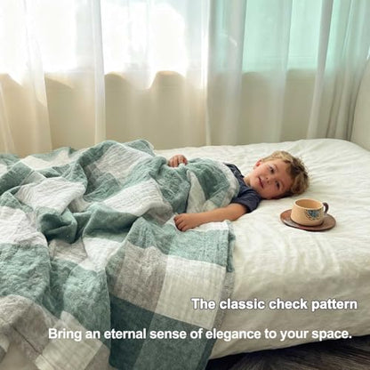Cotton Throw Blanket, 60x80 Queen Size Lightweight Plaid Checkered, Soft 4-Layer Reversible Breathable All Season Blanket for Bed Couch, Green - color: Green Checkered, size: 60"x80"