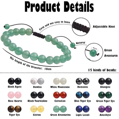 BONNY BOXX Braided Genuine Bracelet, Elegant Handcrafted Natural Gemstone Crystal Bracelet Healing Power Energy Inspirational Gifts with Card for Unisex - color: Green Aventurine, size: 8MM