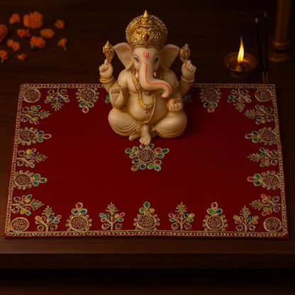 Handcrafted Velvet Puja Chowki Aasan Cloth with Rich Golden Zari Embroidery, Traditional Indian Decorative Pooja Altar Cover for Home Mandir, Temple Décor - 11x18 Inch (Red)