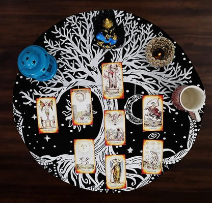 Indian Consigners Tree of Life Altar Cloth Tapestry Tablecloth Celtic Trees Ritual Spiritual Cloth for Sacred Places, Cotton Square Tarot Table Cover 24 by 24 Sacred - color: Silver Sun Moon Tree, size: 24" x 24" (Square)