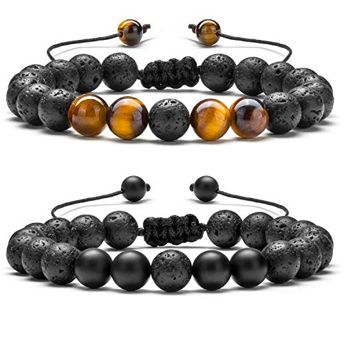 Men Women 8mm Lava Rock Aromatherapy Anxiety Essential Oil Diffuser Bracelet Braided Rope Natural Stone Yoga Gifts Beads Bracelet Bangle-21017 - style: B-Tiger Eye & Matte Agate