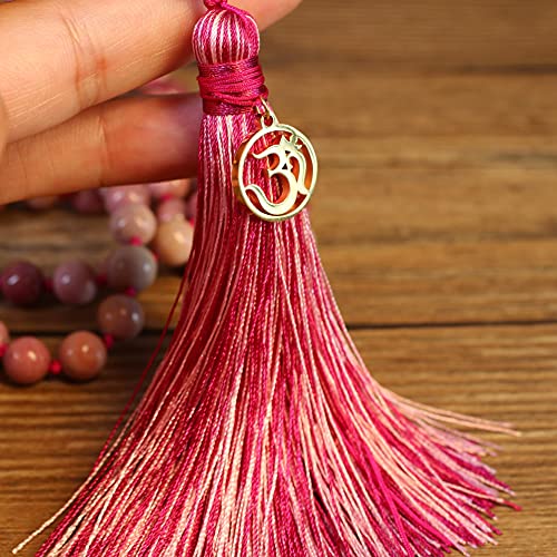 COAI OM Charm Hand Knotted Tassel 108 Mala Beads Necklace - color: Rhodonite, size: 8mm