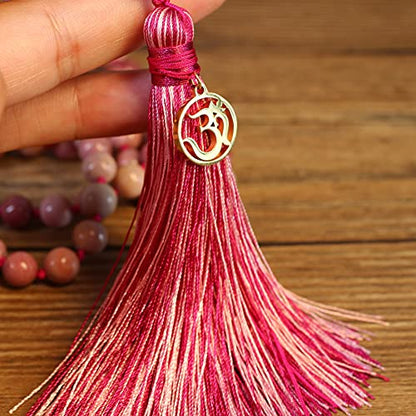COAI OM Charm Hand Knotted Tassel 108 Mala Beads Necklace - color: Rhodonite, size: 8mm