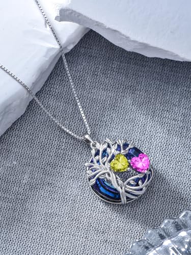 TOUPOP s925 Sterling Silver Family Celtic Tree of Life Pendant Necklaces with 2 Heart Birthstone with Blue Austrian Crystal Jewelry Birthday Valentines Day Gifts for Her, Anniversary Christmas Gifts for Wife Girlfriend Mom (18K Real White Gold Filled) - c