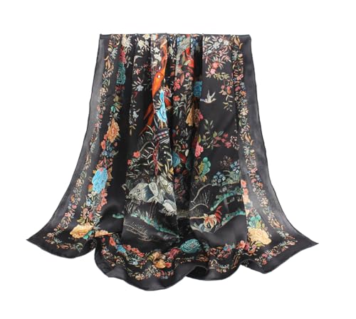 ANDANTINO 100% Silk Scarf 43" Large Square Lightweight Headscarf& Shawl–Women Hair Wraps-With Gift Packed - color: Floral-black