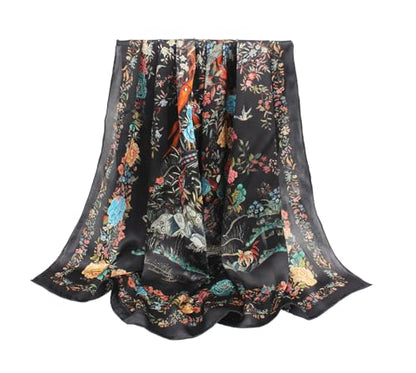 ANDANTINO 100% Silk Scarf 43" Large Square Lightweight Headscarf& Shawl–Women Hair Wraps-With Gift Packed - color: Floral-black