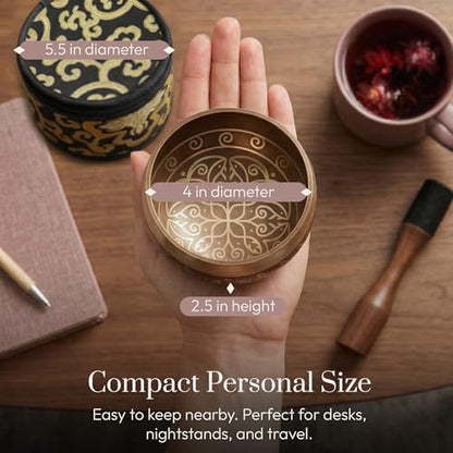 Silent Mind Tibetan Singing Bowl Set – Easy to Play & Beginner Friendly Meditation Bowl with Cushion, Mallet & Case | Stress Relief & Mindfulness | Gift-Ready - color: Cosmic Gold, size: With Case