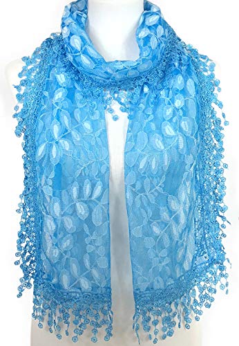 Cindy and Wendy Lightweight Soft Leaf Lace Fringes Scarf Bridal Veils shawl for Women - color: Turquoise Blue
