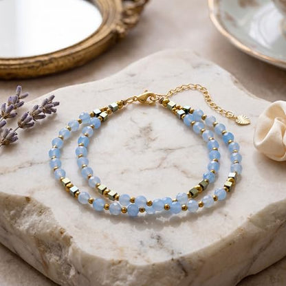 Farfume Beaded Bracelets for Women, Chakra Crystal 4mm Beads Gemstone Natural Stone Bead Spiritual Jewelry Gifts for Women - color: Azure Blue Aquamarine-Hope