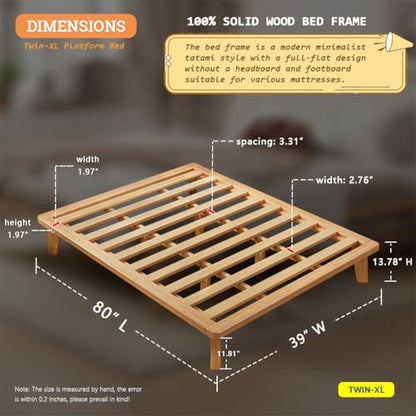 NELYE Twin-XL Platform Bed Base - 14 Inch Solid Wood Mattress Foundation with Support Slats and Legs, Twin XL Size Rubberwood Simple Bed Frame - size: Twin XL
