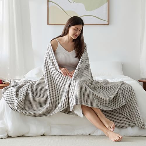 Lightweight Cotton Waffle Throw Blanket, Modern Two-Tone Check Pattern, Soft & Breathable for Bed, Couch, Sofa, All Seasons –Coffee Bean/White, 50"x60" - color: Coffee Bean/White, size: Throw