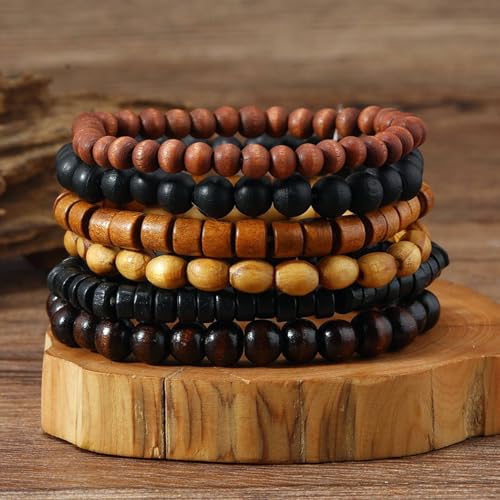 MILAKOO Mens Beaded Bracelets Tribal Wooden Elastic Adjustable Prayer Beads Wrap Cuff for Women - color: F: 6pcs
